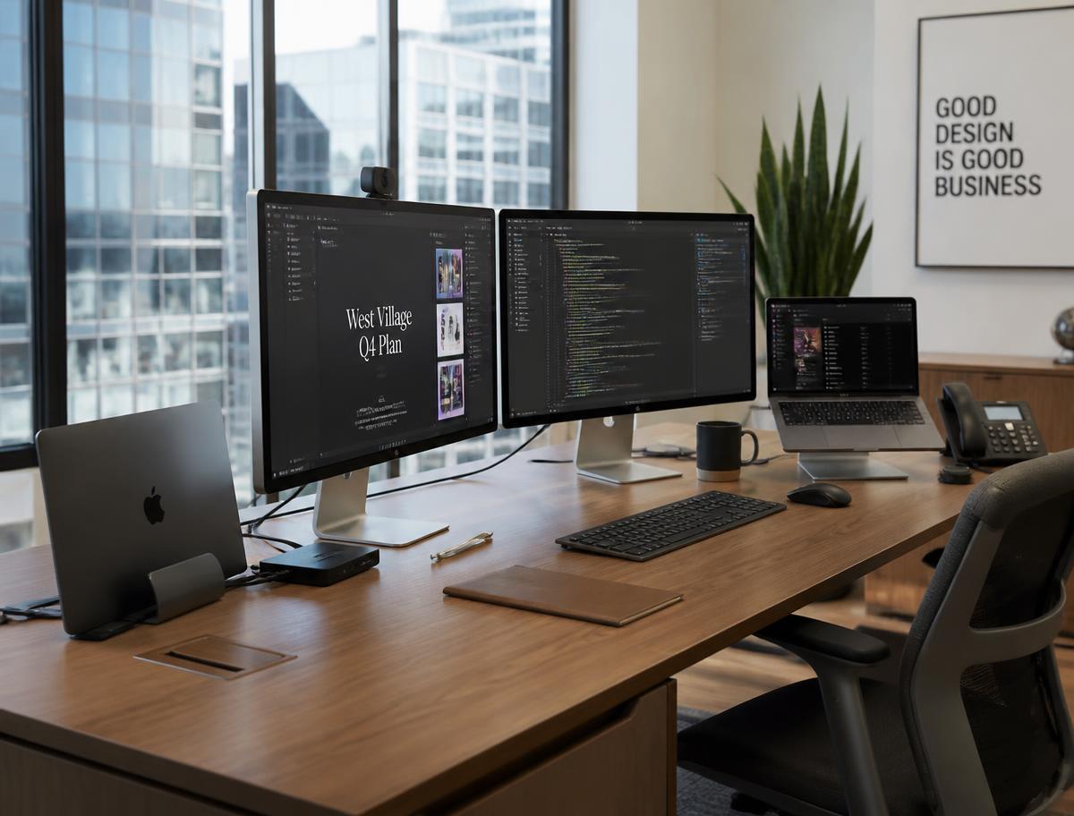 Apple workstation with MacBooks and displays in a modern Canadian office